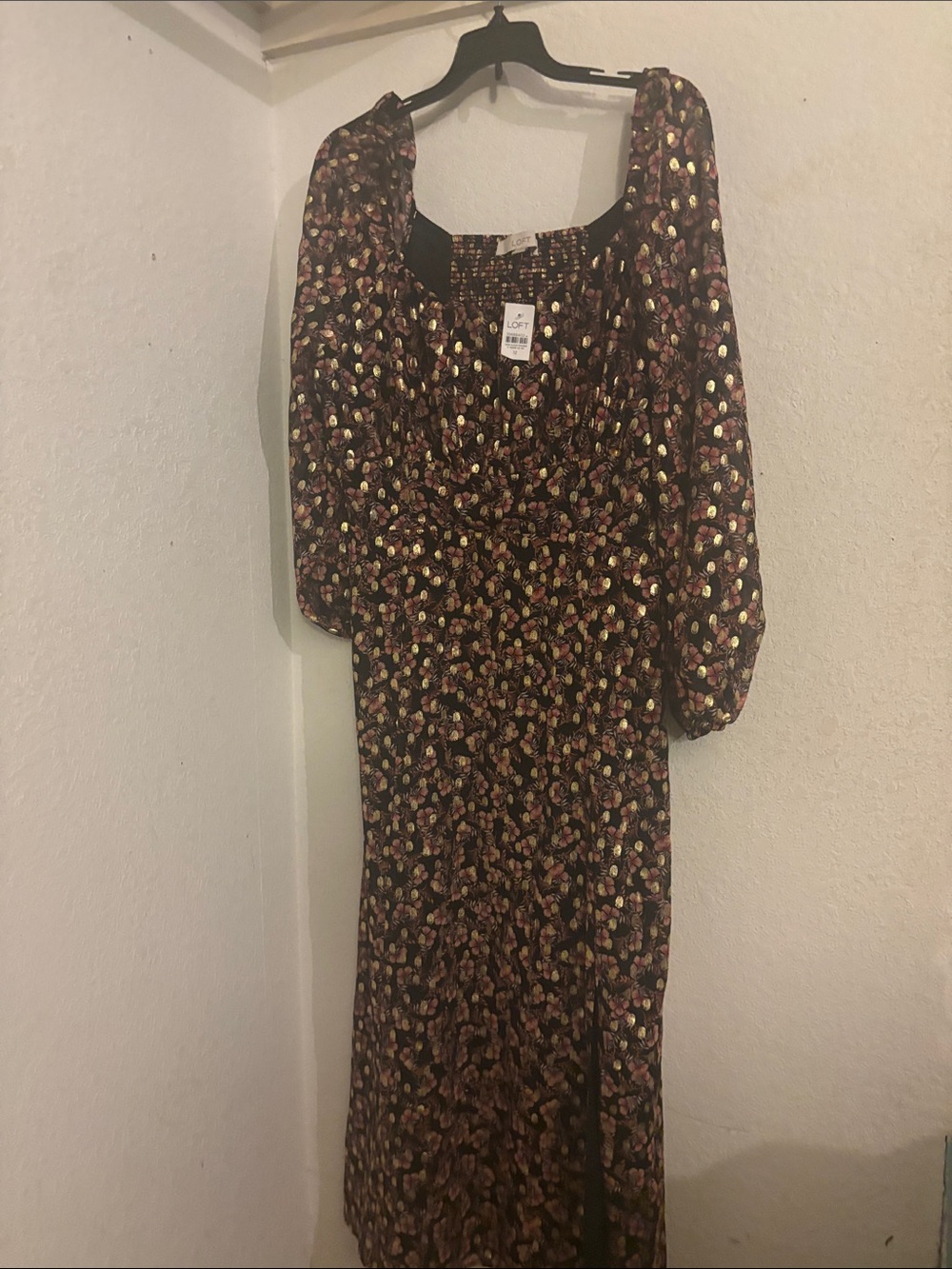 LOFT Black Floral Square-Neck Midi Dress with Puff Sleeves